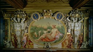 The Nymph of Fontainebleau, detalj av dekorativt opplegg i Gallery of Francis I, 1530-40 freskomaleri og stukkatur